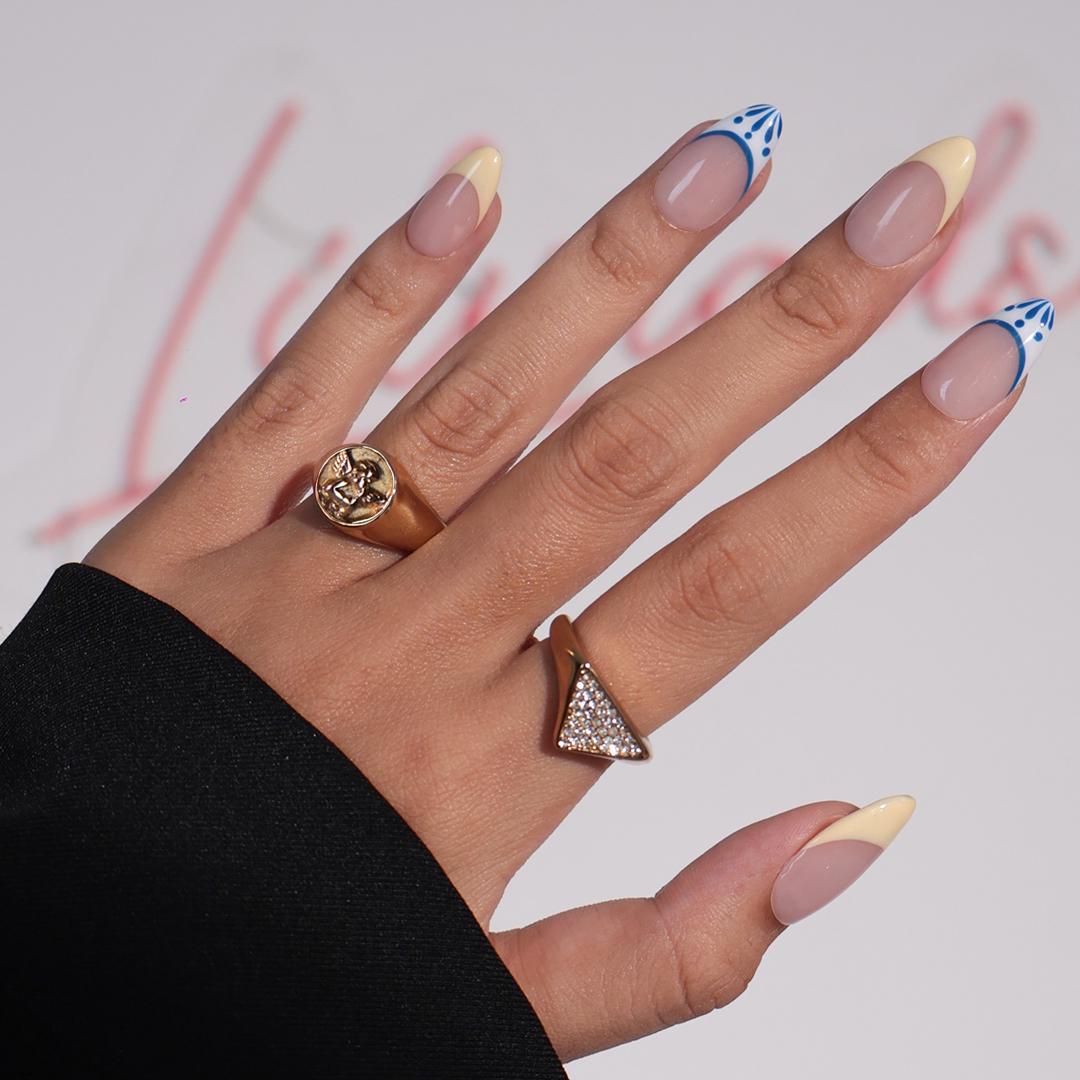 Minimal Press on Nail Yellow Butter French Tip & Blue Detail | Everyday Fake Nail Art in Short Almond | Handmade Nail Art for Birthday, Trip
