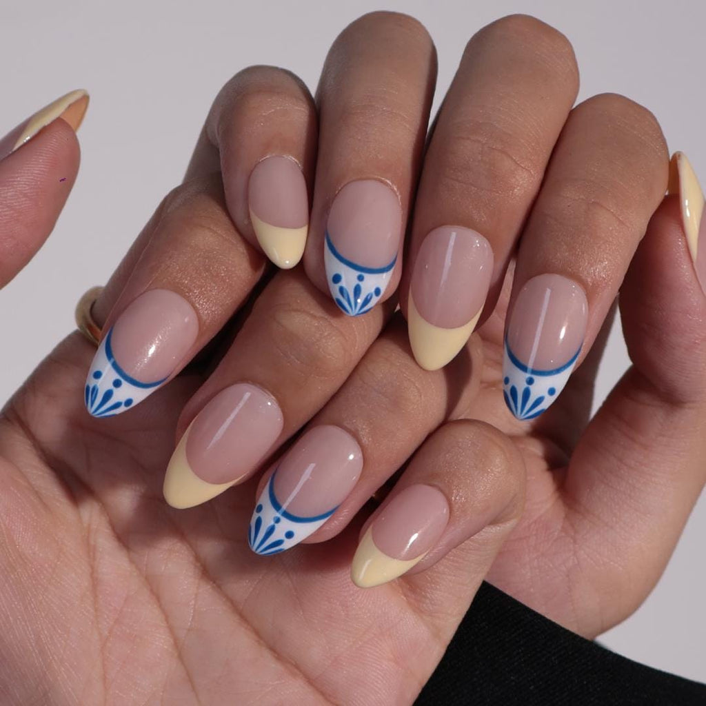 Minimal Press on Nail Yellow Butter French Tip & Blue Detail | Everyday Fake Nail Art in Short Almond | Handmade Nail Art for Birthday, Trip