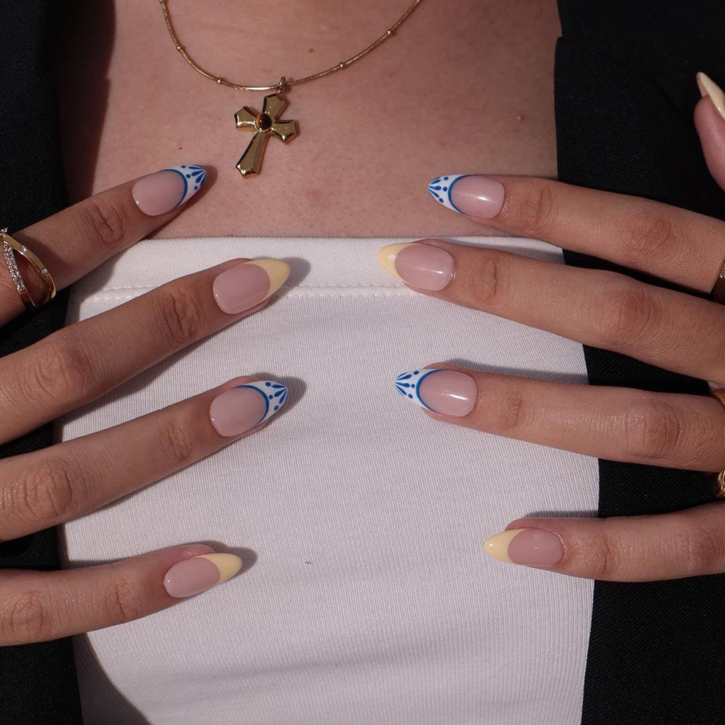 Minimal Press on Nail Yellow Butter French Tip & Blue Detail | Everyday Fake Nail Art in Short Almond | Handmade Nail Art for Birthday, Trip