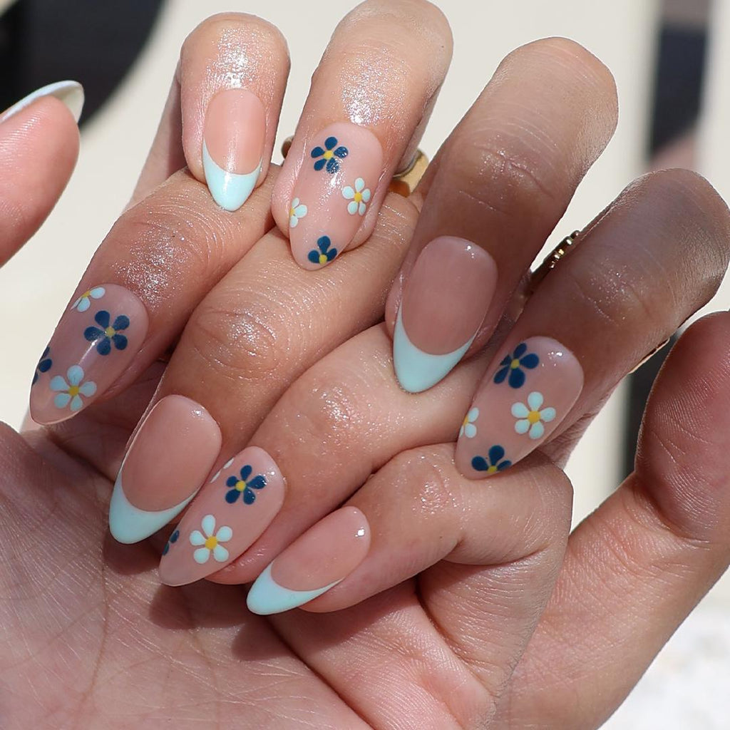Minimal Press on Nails Blue Floral with Mint French Tip | Everyday Fake Nail Arts in Short Almond | Handmade Nail Art for Holiday, Birthday