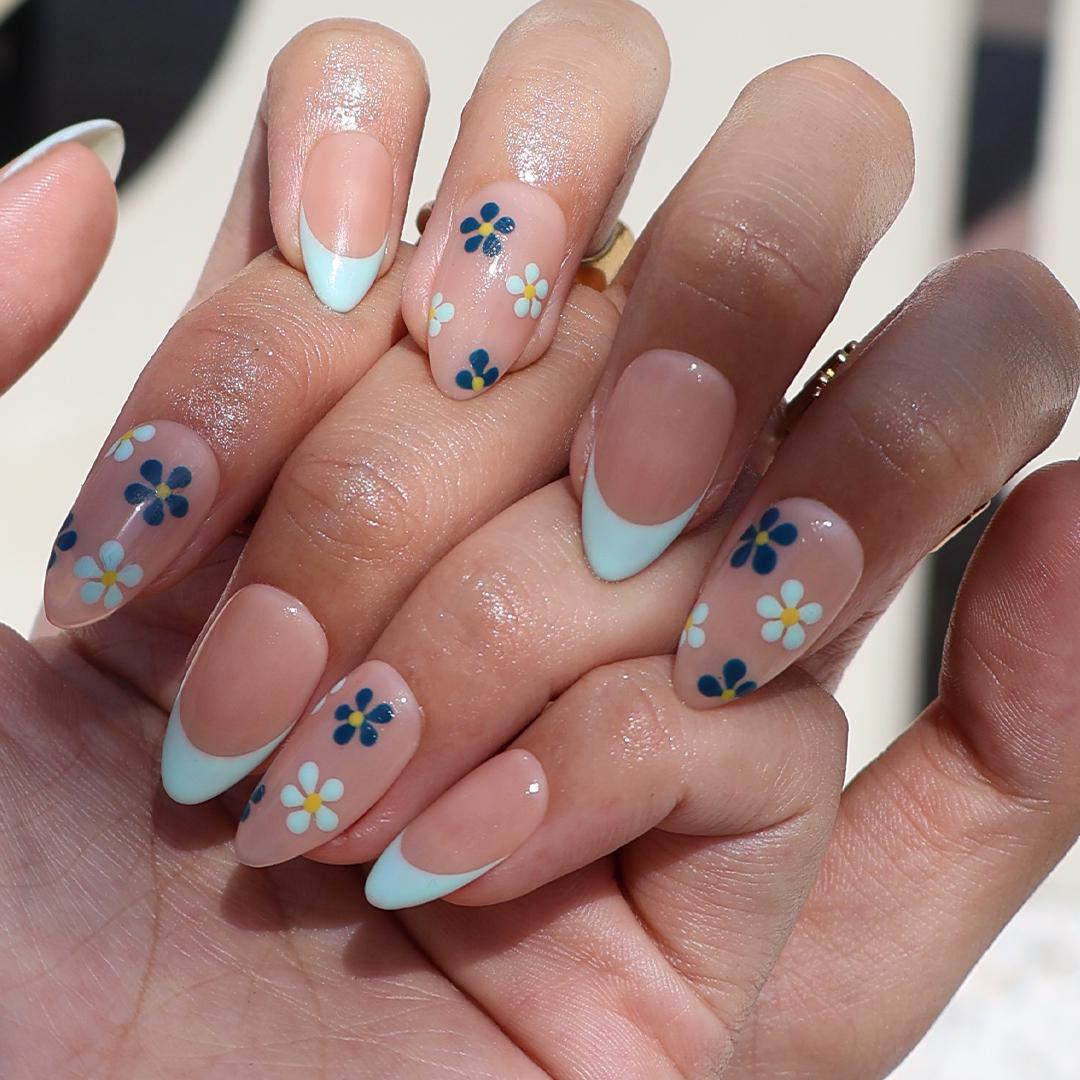 Minimal Press on Nails Blue Floral with Mint French Tip | Everyday Fake Nail Arts in Short Almond | Handmade Nail Art for Holiday, Birthday