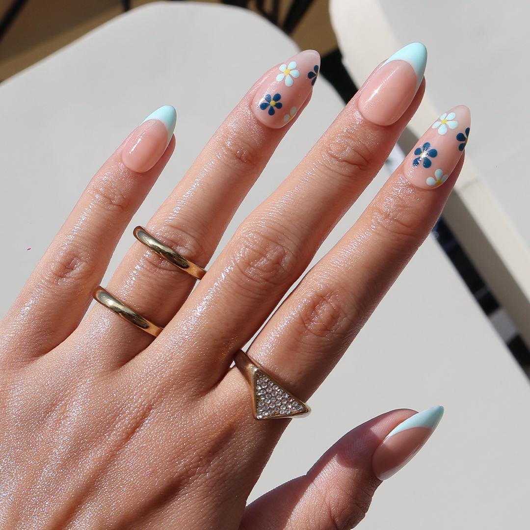 Minimal Press on Nails Blue Floral with Mint French Tip | Everyday Fake Nail Arts in Short Almond | Handmade Nail Art for Holiday, Birthday