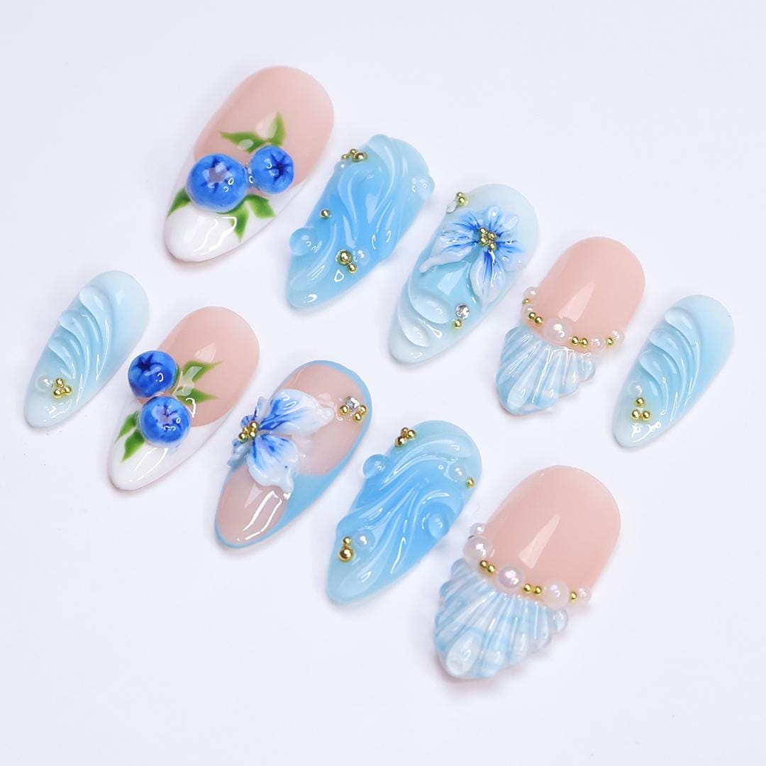 Summer Press On Nail with Blueberry & Ocean Wave in Medium Almond| Handmade Nails for Beach Holiday, Vacation| Blue Theme Fake Nails Art