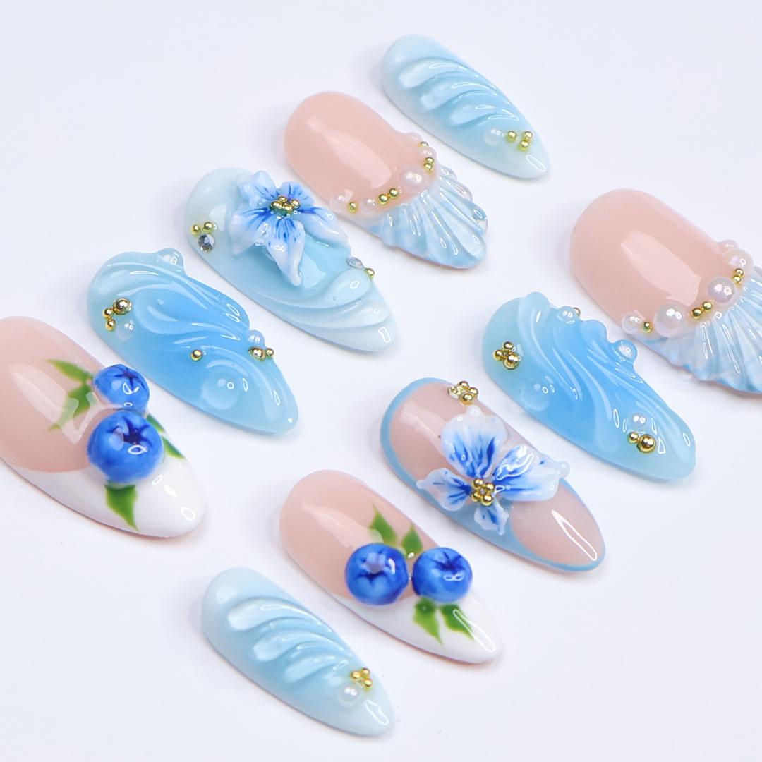 Summer Press On Nail with Blueberry & Ocean Wave in Medium Almond| Handmade Nails for Beach Holiday, Vacation| Blue Theme Fake Nails Art