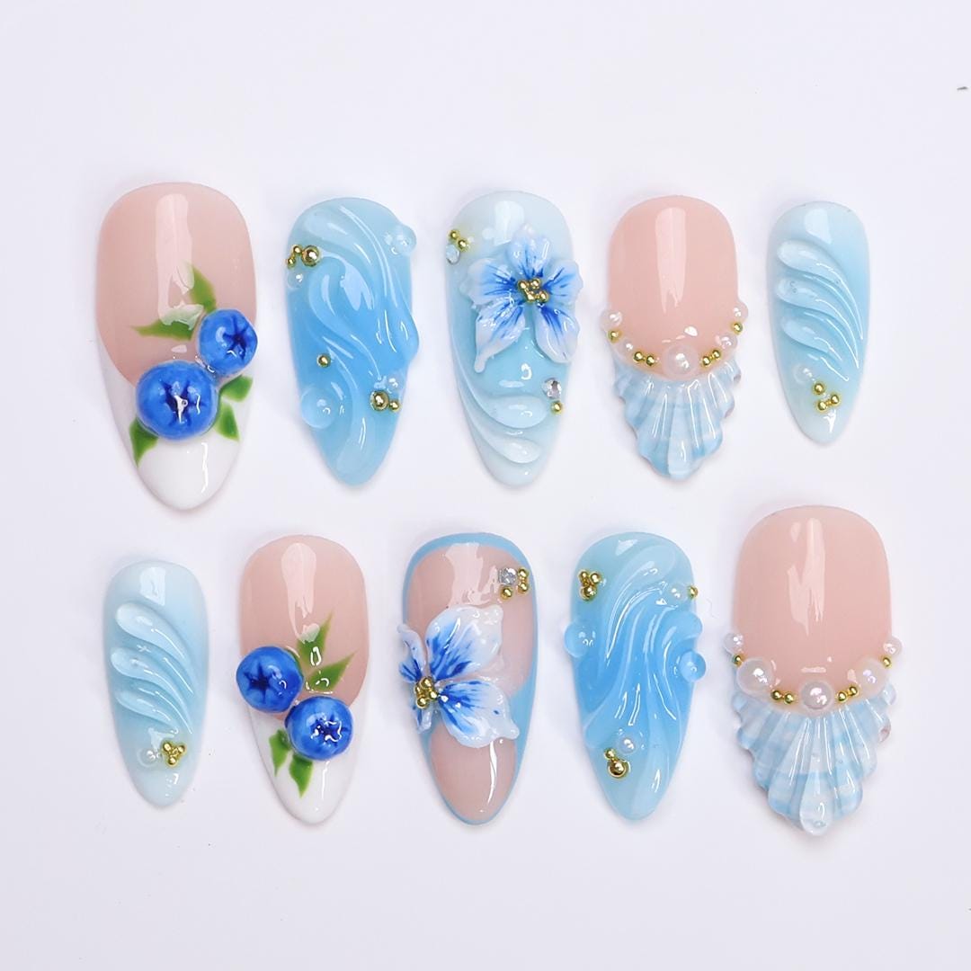 Summer Press On Nail with Blueberry & Ocean Wave in Medium Almond| Handmade Nails for Beach Holiday, Vacation| Blue Theme Fake Nails Art