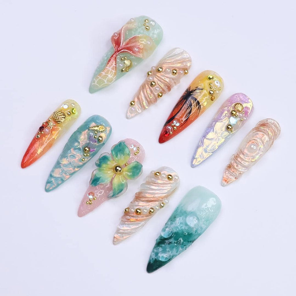 Summer Press on Nails with Mermaid & Palm Tree | Tropical 3D Fake Nail Art in Long Almond | Handmade Nail for Holiday, Vacation, Birthday