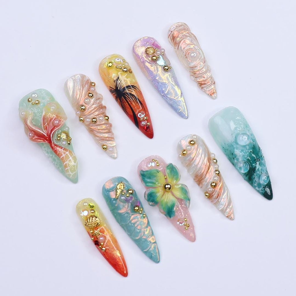 Summer Press on Nails with Mermaid & Palm Tree | Tropical 3D Fake Nail Art in Long Almond | Handmade Nail for Holiday, Vacation, Birthday