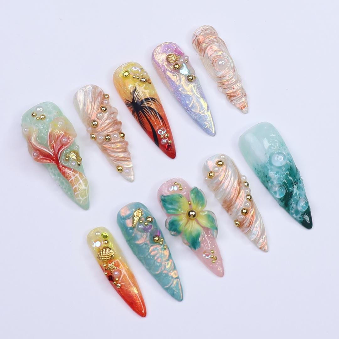 Summer Press on Nails with Mermaid & Palm Tree | Tropical 3D Fake Nail Art in Long Almond | Handmade Nail for Holiday, Vacation, Birthday