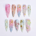 Summer Press on Nail with Mermaid & Jellyfish, 3D Ocean Inspo Fake Nail in Long Almond ,Handmade Beach Nail for Holiday, Vacation, Birthday