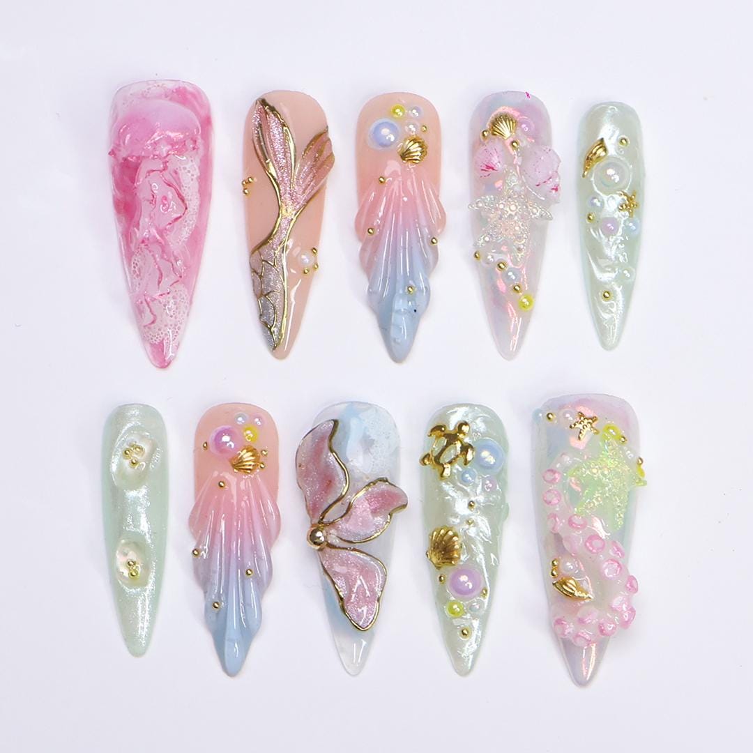 Summer Press on Nail with Mermaid & Jellyfish, 3D Ocean Inspo Fake Nail in Long Almond ,Handmade Beach Nail for Holiday, Vacation, Birthday
