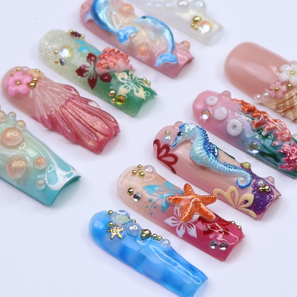 Summer Press on Nails with Dolphin & Seahorse | 3D Beach Fake Nail Arts in Long Square | Handmade Nail Art for Holiday, Vacation, Birthday