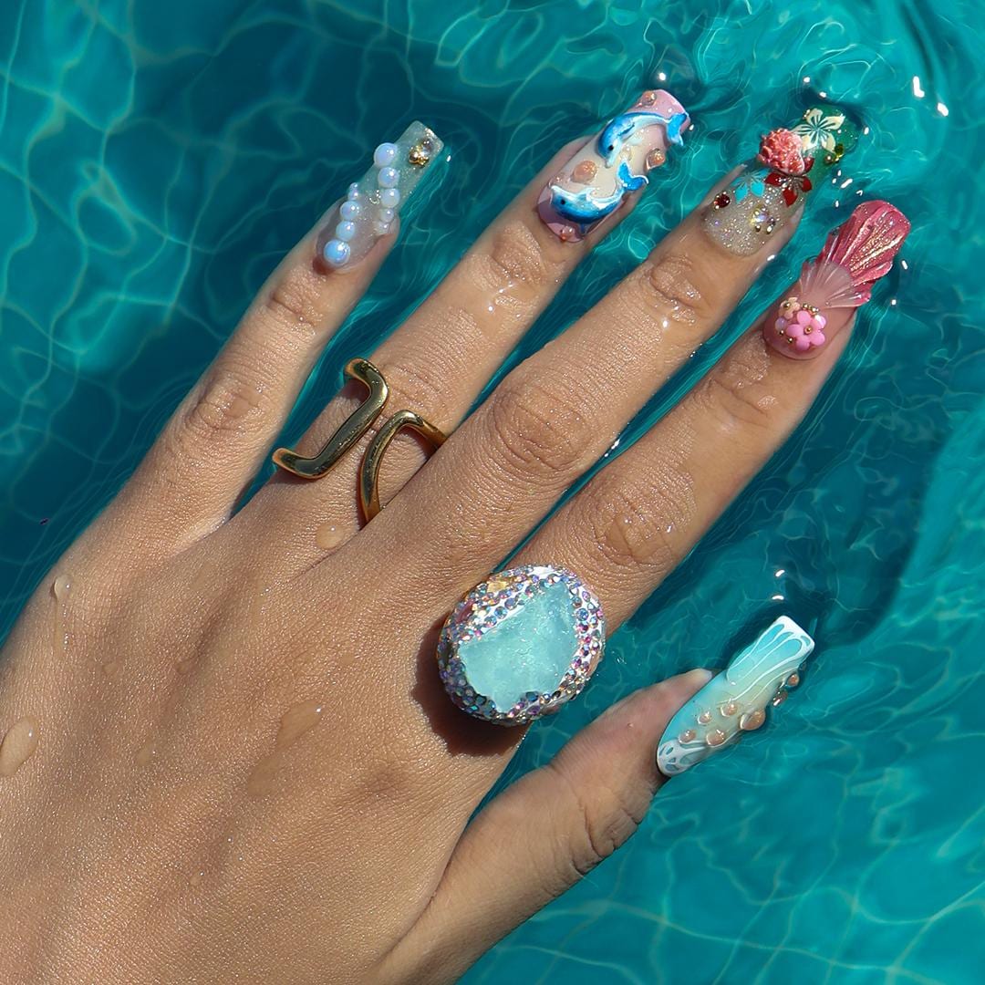 Summer Press on Nails with Dolphin & Seahorse | 3D Beach Fake Nail Arts in Long Square | Handmade Nail Art for Holiday, Vacation, Birthday