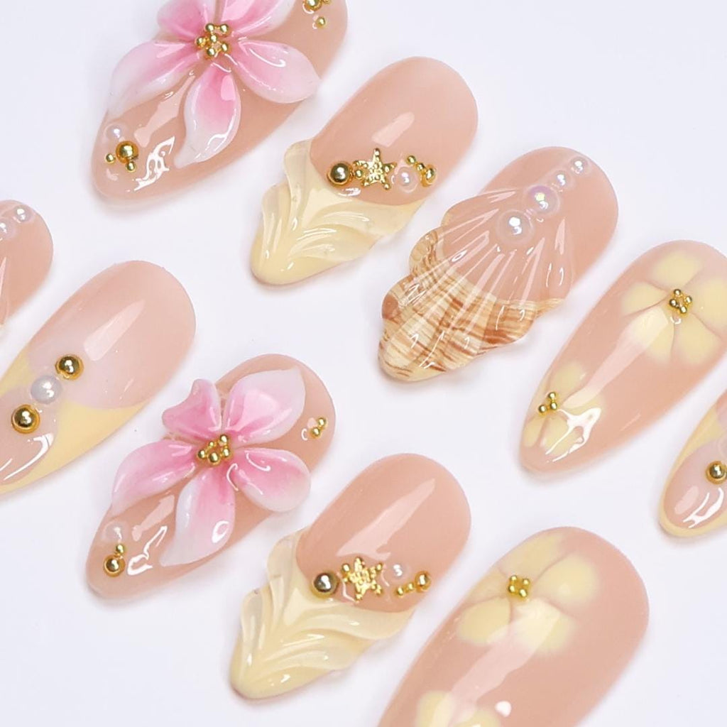 Summer Press On Nails with 3D Flowers and Seashell in Medium Almond, Trending Yellow Butter Mermaid Fake Nail for Holiday, Vacation or Beach