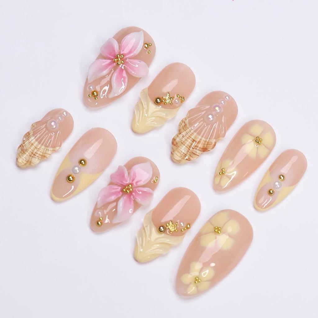 Summer Press On Nails with 3D Flowers and Seashell in Medium Almond, Trending Yellow Butter Mermaid Fake Nail for Holiday, Vacation or Beach