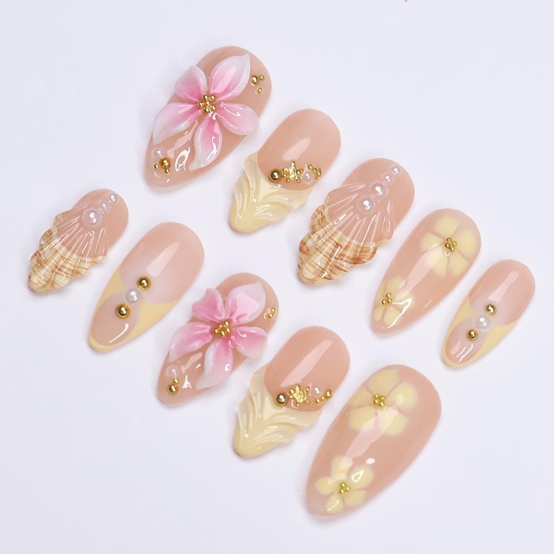 Summer Press On Nails with 3D Flowers and Seashell in Medium Almond, Trending Yellow Butter Mermaid Fake Nail for Holiday, Vacation or Beach
