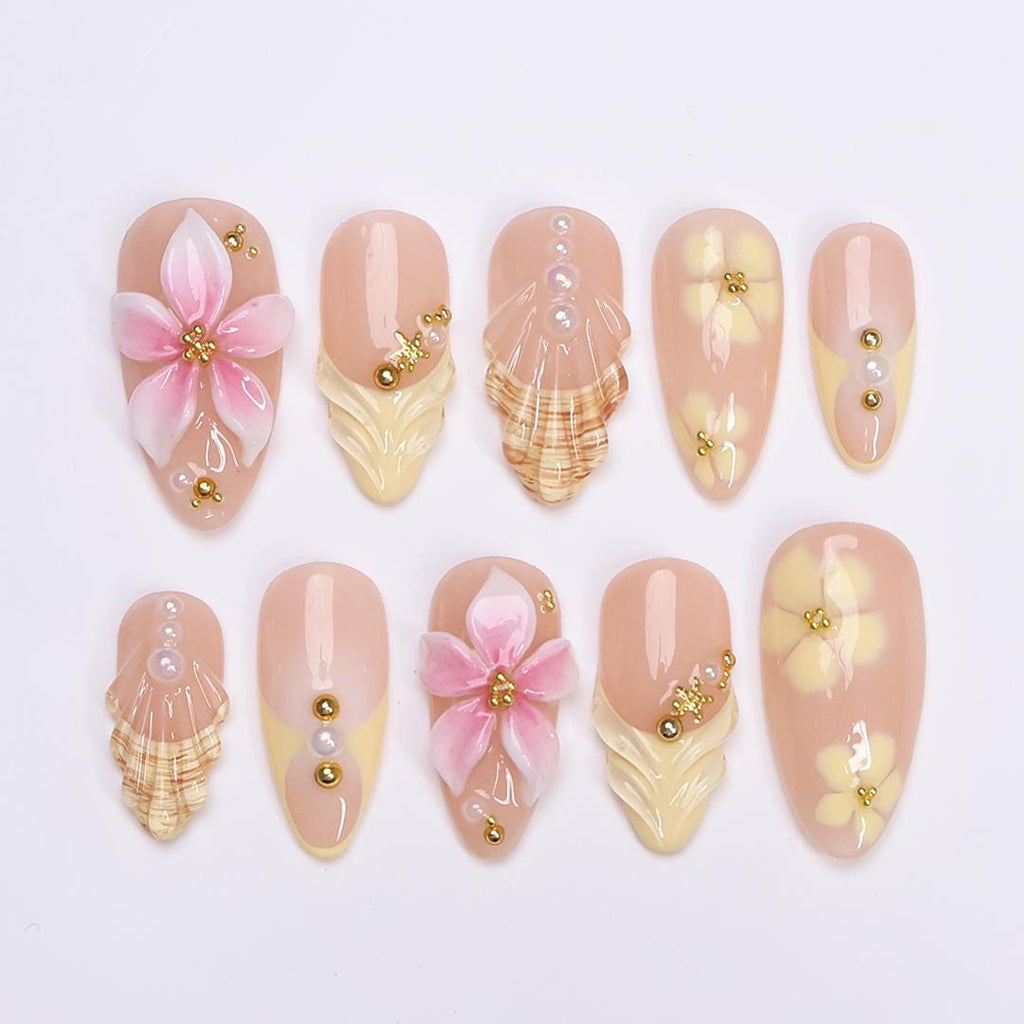 Summer Press On Nails with 3D Flowers and Seashell in Medium Almond, Trending Yellow Butter Mermaid Fake Nail for Holiday, Vacation or Beach