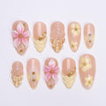 Summer Press On Nails with 3D Flowers and Seashell in Medium Almond, Trending Yellow Butter Mermaid Fake Nail for Holiday, Vacation or Beach