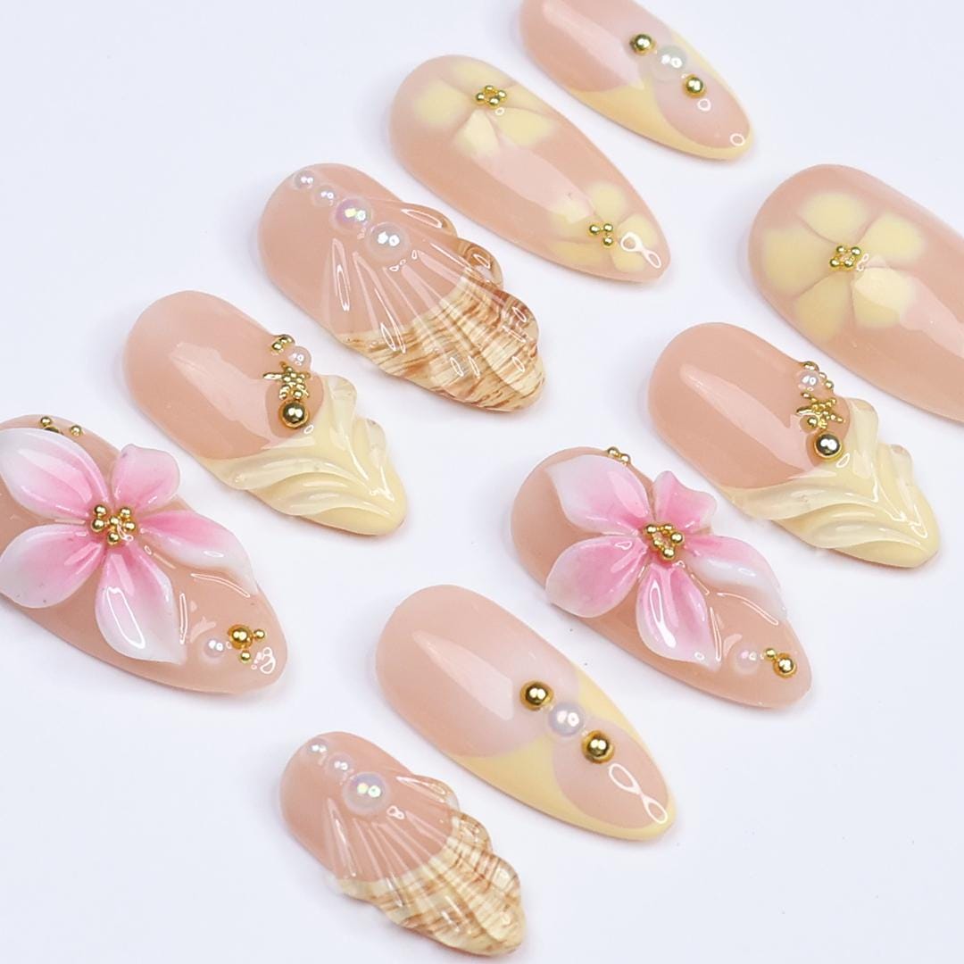 Summer Press On Nails with 3D Flowers and Seashell in Medium Almond, Trending Yellow Butter Mermaid Fake Nail for Holiday, Vacation or Beach
