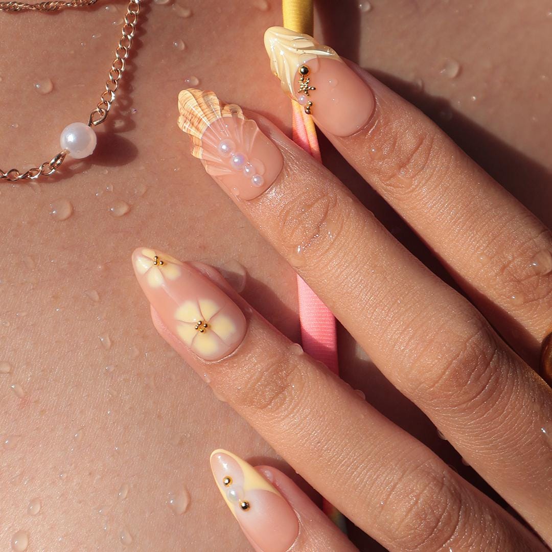 Summer Press On Nails with 3D Flowers and Seashell in Medium Almond, Trending Yellow Butter Mermaid Fake Nail for Holiday, Vacation or Beach