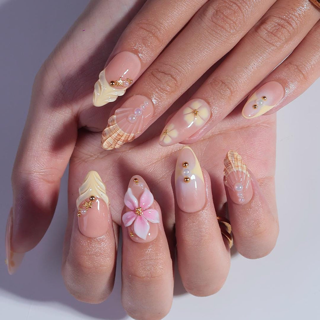 Summer Press On Nails with 3D Flowers and Seashell in Medium Almond, Trending Yellow Butter Mermaid Fake Nail for Holiday, Vacation or Beach