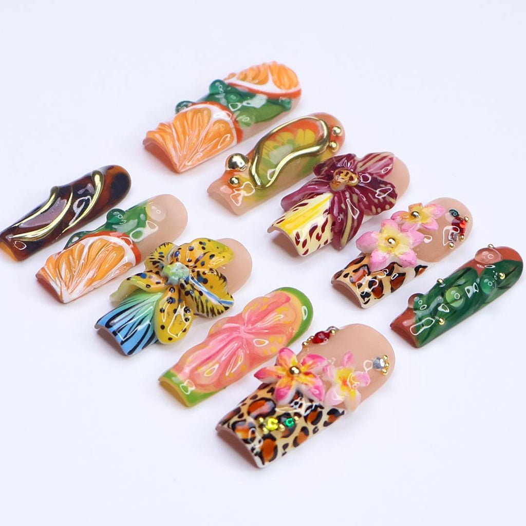 Summer Press on Nail with Citrus & Leopard Print | 3D Orchid Flower Fake Nail in Long Square | Handmade Nail for Holiday, Vacation, Birthday