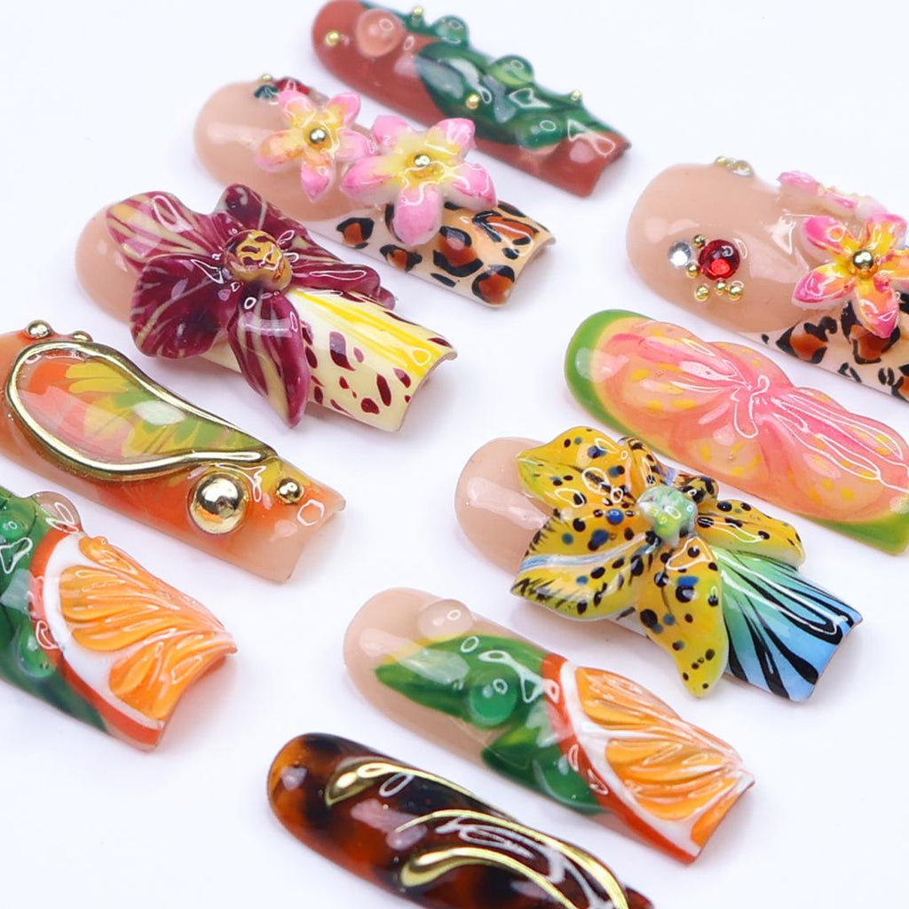 Summer Press on Nail with Citrus & Leopard Print | 3D Orchid Flower Fake Nail in Long Square | Handmade Nail for Holiday, Vacation, Birthday