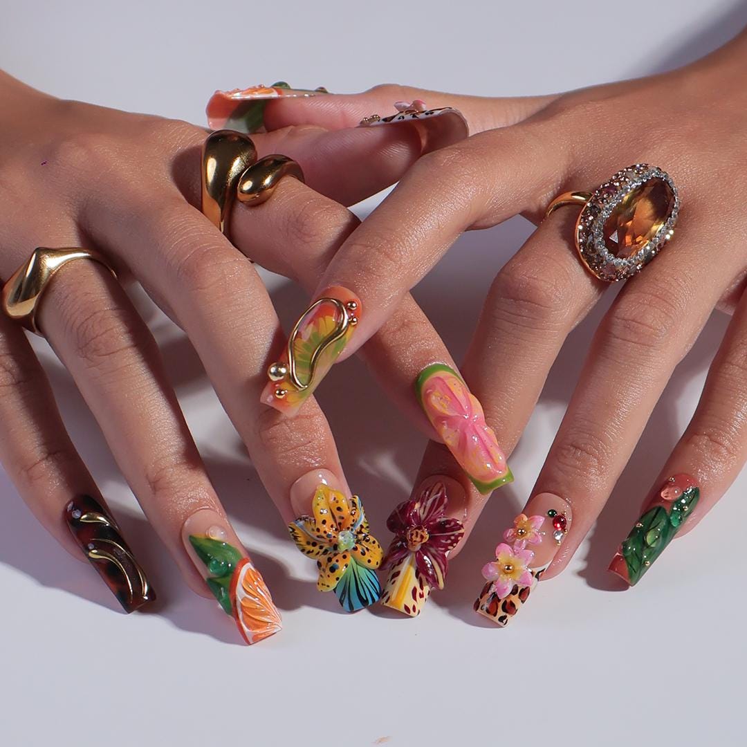 Summer Press on Nail with Citrus & Leopard Print | 3D Orchid Flower Fake Nail in Long Square | Handmade Nail for Holiday, Vacation, Birthday