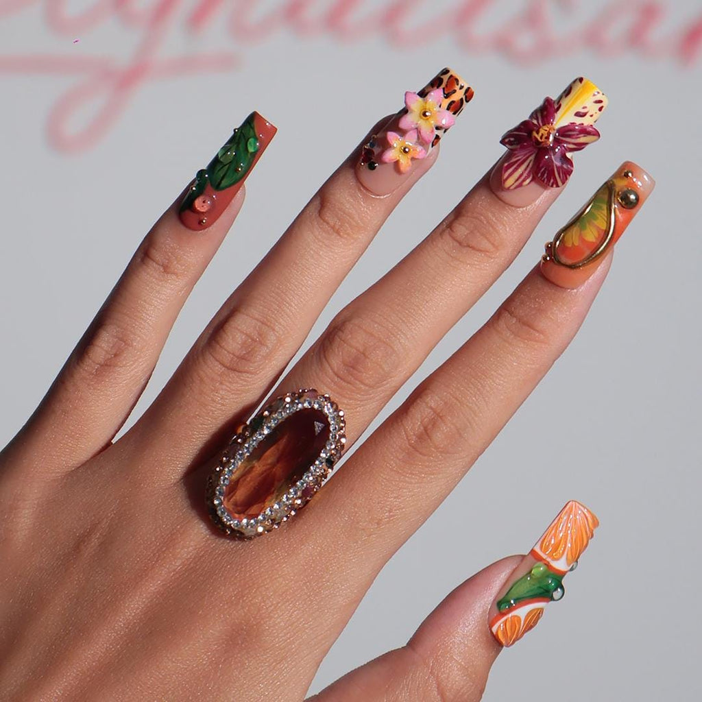 Summer Press on Nail with Citrus & Leopard Print | 3D Orchid Flower Fake Nail in Long Square | Handmade Nail for Holiday, Vacation, Birthday