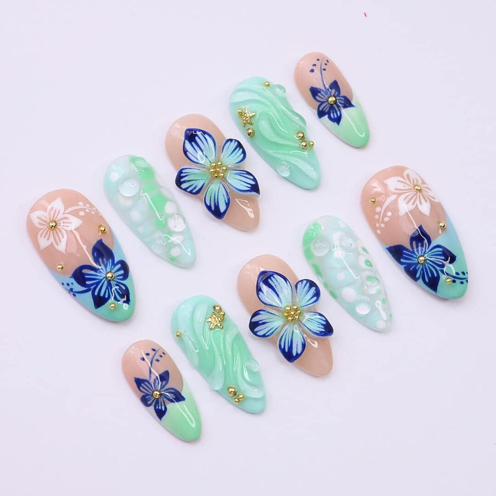 Press on Nails Mint Green with Blue Tropical Flowers | 3D Fake Nails in Medium Almond | Handmade Nail Art for Holiday, Vacation, Birthday