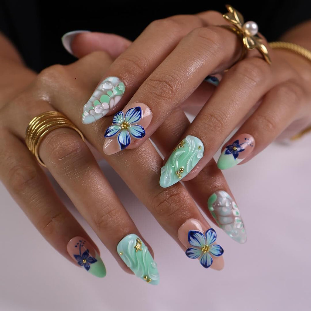 Press on Nails Mint Green with Blue Tropical Flowers | 3D Fake Nails in Medium Almond | Handmade Nail Art for Holiday, Vacation, Birthday