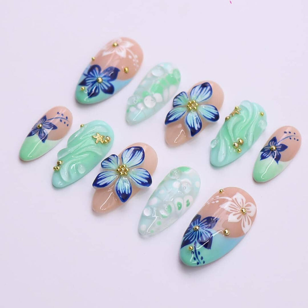Press on Nails Mint Green with Blue Tropical Flowers | 3D Fake Nails in Medium Almond | Handmade Nail Art for Holiday, Vacation, Birthday