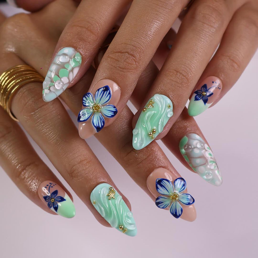 Press on Nails Mint Green with Blue Tropical Flowers | 3D Fake Nails in Medium Almond | Handmade Nail Art for Holiday, Vacation, Birthday