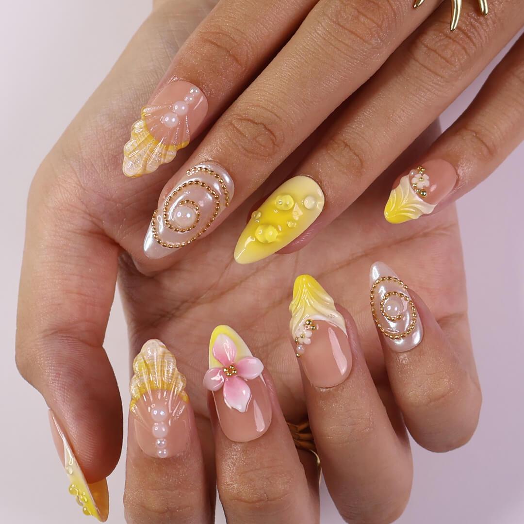 Summer Press on Nails with Vibrant Yellow & Pink Floral | 3D Seashell Fake Nails in Medium Almond | Handmade Nail Art for Vacation, Birthday