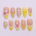 Summer Press on Nails with Vibrant Yellow & Pink Floral | 3D Seashell Fake Nails in Medium Almond | Handmade Nail Art for Vacation, Birthday
