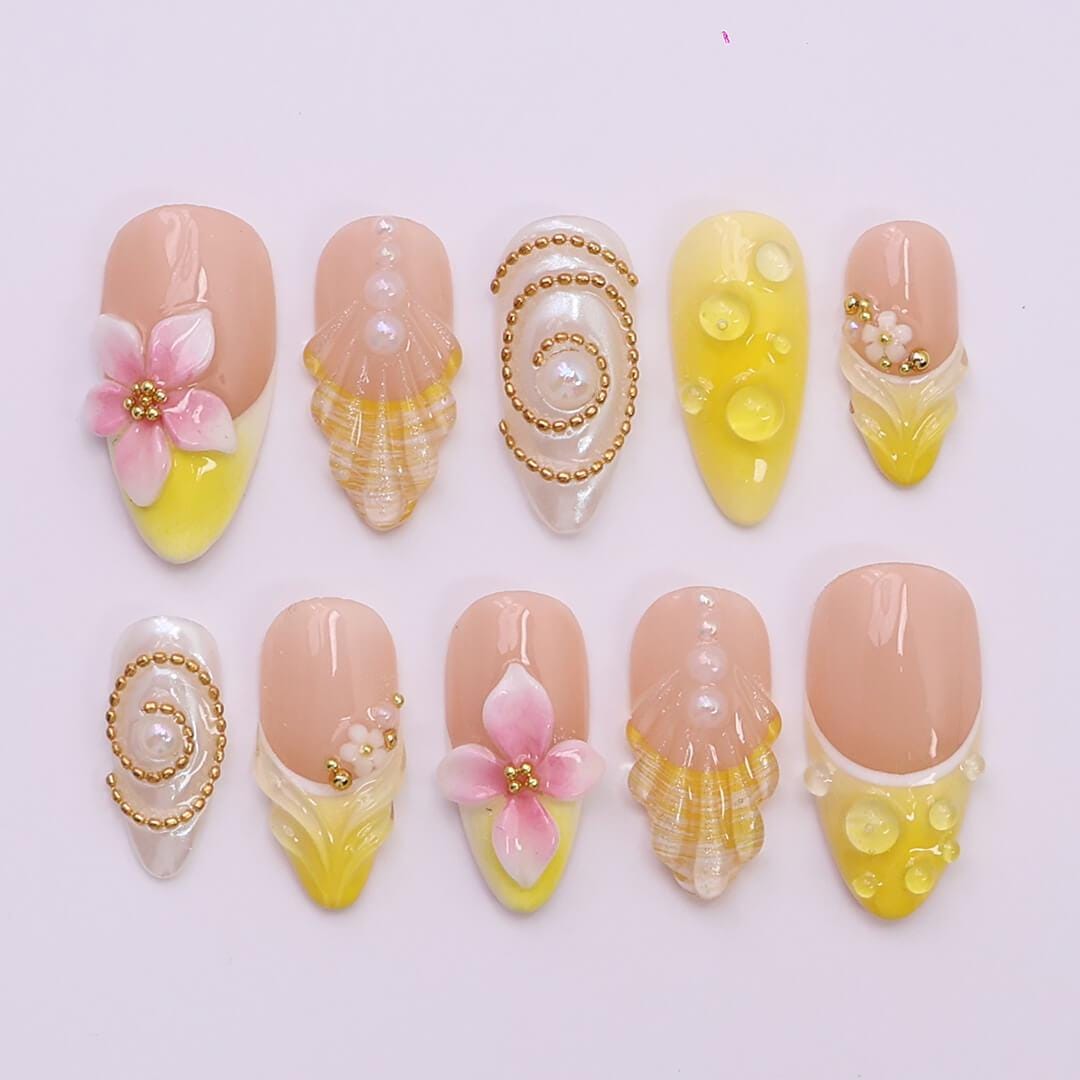 Summer Press on Nails with Vibrant Yellow & Pink Floral | 3D Seashell Fake Nails in Medium Almond | Handmade Nail Art for Vacation, Birthday