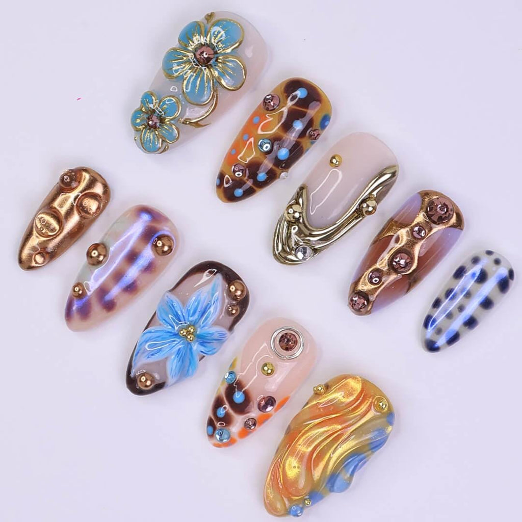 Blue Press On Nails with 3D Flower & Bronze Chrome, Medium Almond Shape, Earthy Metallic Summer Nails for Vacation, Party, Y2K Vibe