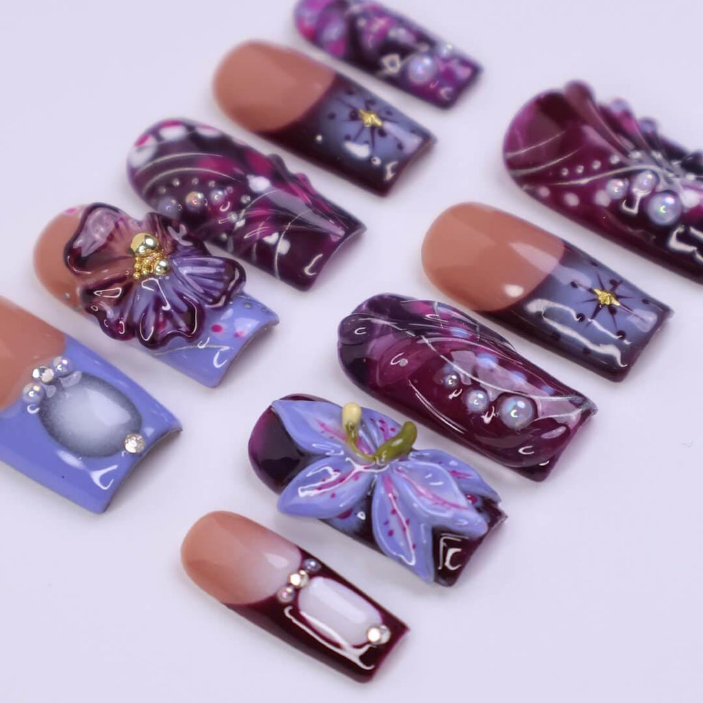 Fall Press on Nails with Deep Purple Flowers | 3D Handmade Fake Nails in Medium Square | Romantic Nail Art for Holiday, Vacation, Party