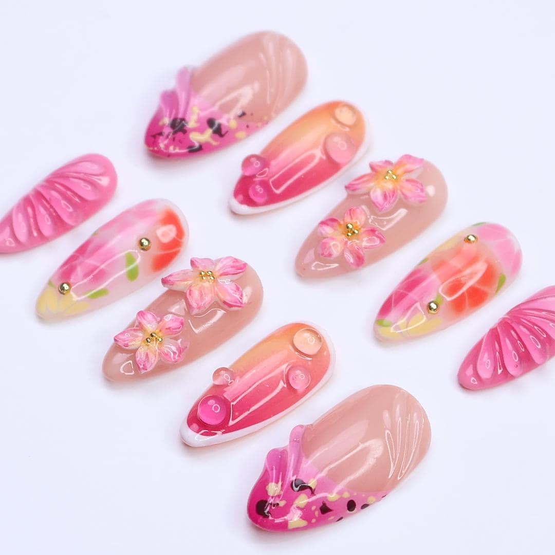 Summer Press On Nails with 3D Pink Flowers and Tropical Ombre Design, Meidum Almond Fake Nails for Vacation or Beach Holiday, Gift for Her