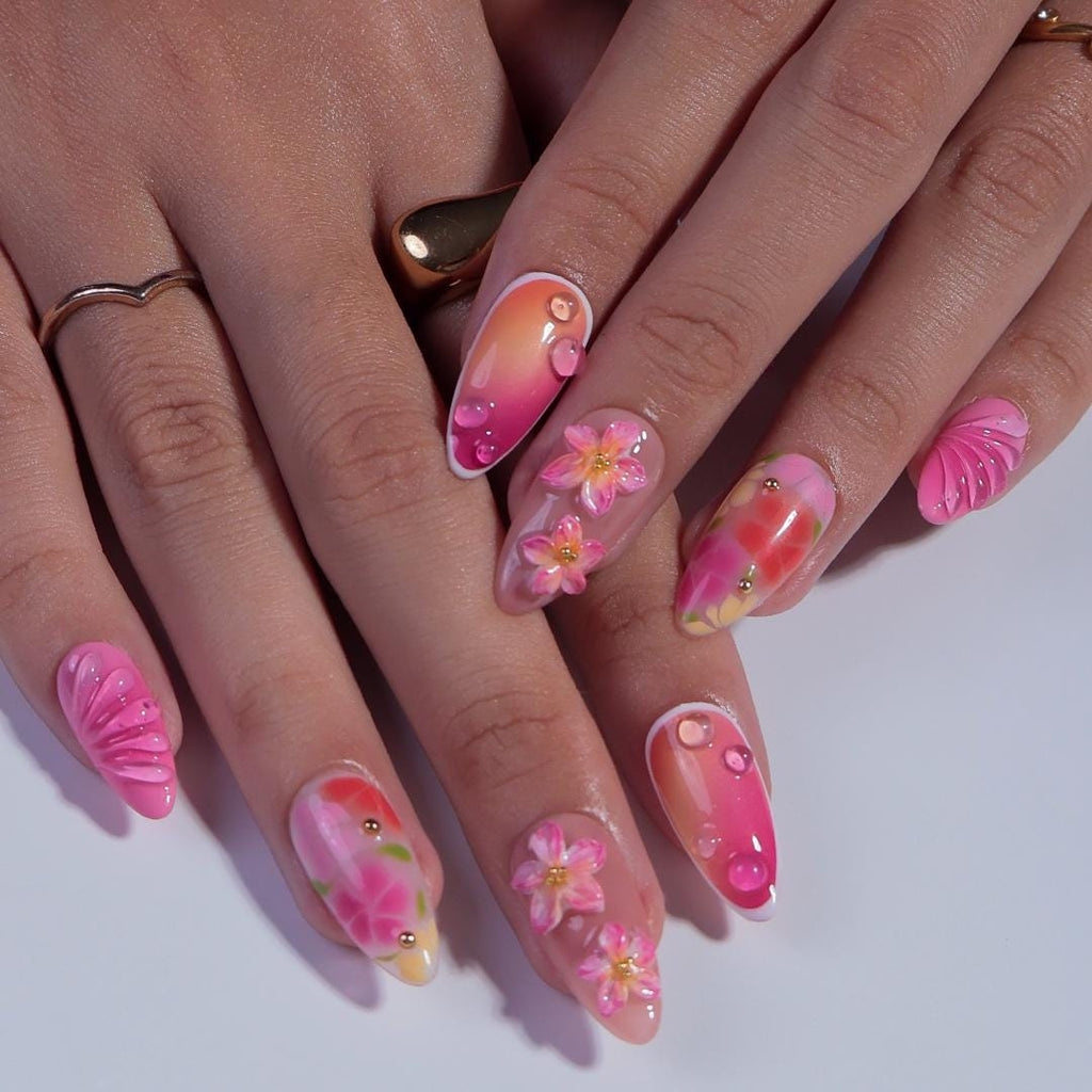Summer Press On Nails with 3D Pink Flowers and Tropical Ombre Design, Meidum Almond Fake Nails for Vacation or Beach Holiday, Gift for Her