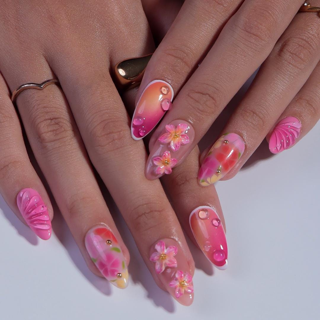 Summer Press On Nails with 3D Pink Flowers and Tropical Ombre Design, Meidum Almond Fake Nails for Vacation or Beach Holiday, Gift for Her