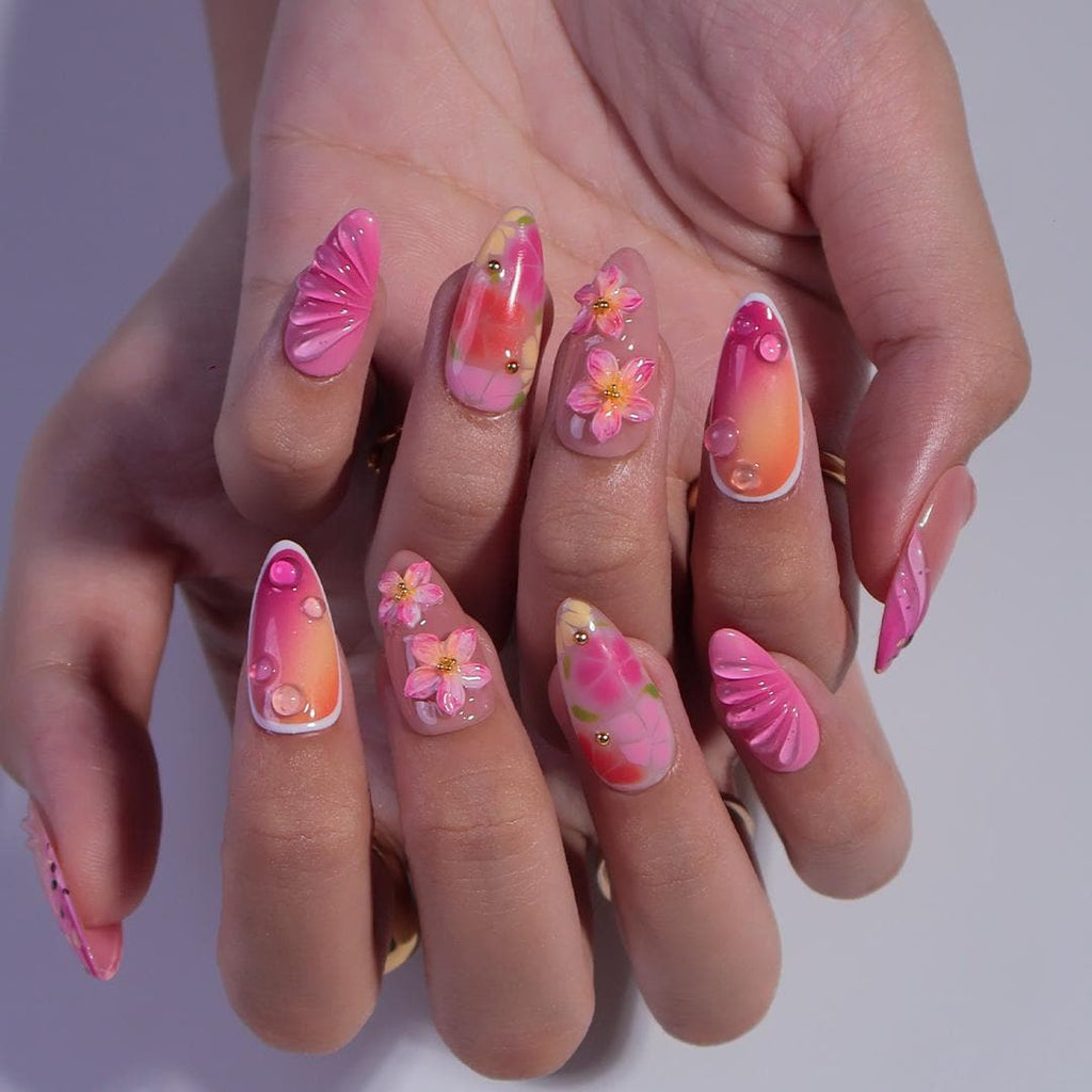 Summer Press On Nails with 3D Pink Flowers and Tropical Ombre Design, Meidum Almond Fake Nails for Vacation or Beach Holiday, Gift for Her