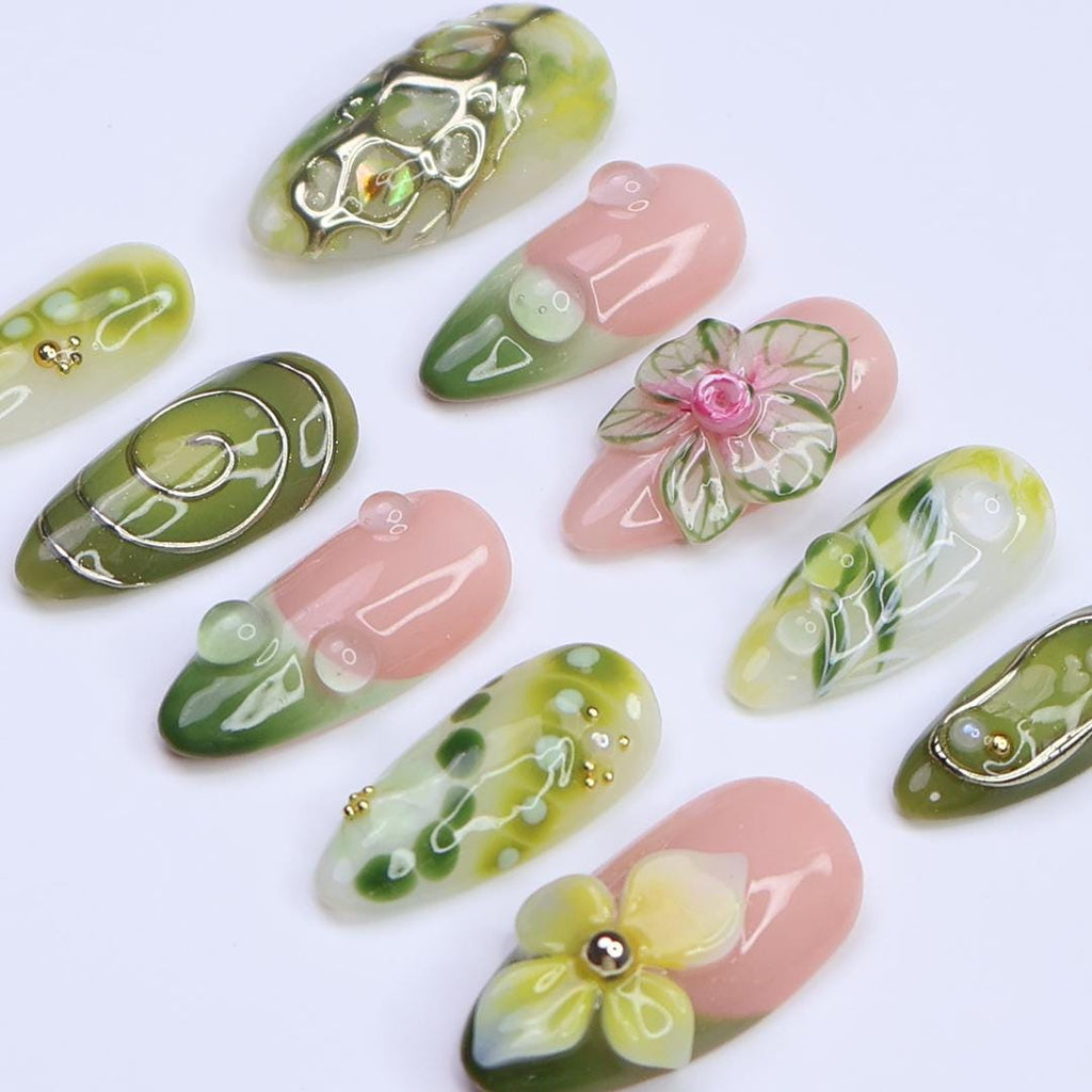 Summer Press on Nail with Green Orchid & Silver Chrome Art | 3D Fake Nail in Medium Almond | Handmade Nail for Holiday, Vacation, Birthday