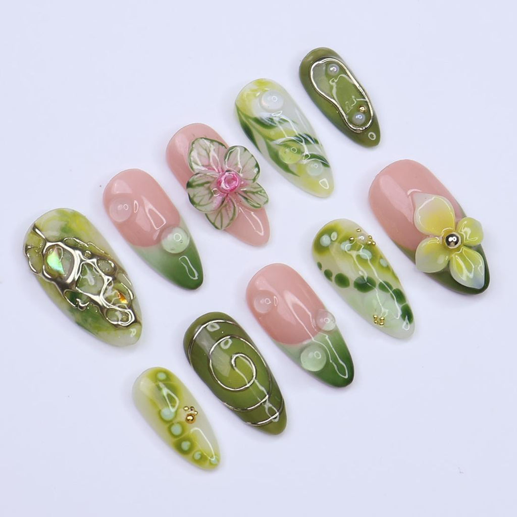 Summer Press on Nail with Green Orchid & Silver Chrome Art | 3D Fake Nail in Medium Almond | Handmade Nail for Holiday, Vacation, Birthday