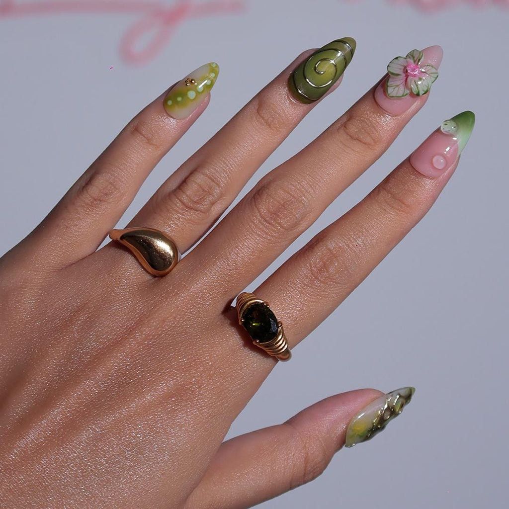 Summer Press on Nail with Green Orchid & Silver Chrome Art | 3D Fake Nail in Medium Almond | Handmade Nail for Holiday, Vacation, Birthday