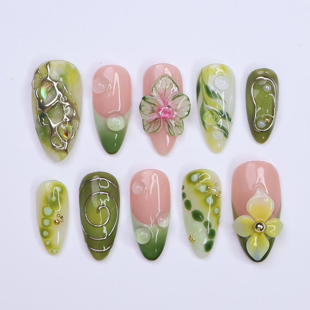 Summer Press on Nail with Green Orchid & Silver Chrome Art | 3D Fake Nail in Medium Almond | Handmade Nail for Holiday, Vacation, Birthday