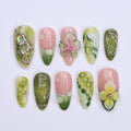 Summer Press on Nail with Green Orchid & Silver Chrome Art | 3D Fake Nail in Medium Almond | Handmade Nail for Holiday, Vacation, Birthday