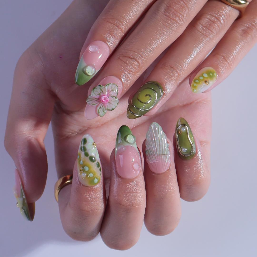 Summer Press on Nail with Green Orchid & Silver Chrome Art | 3D Fake Nail in Medium Almond | Handmade Nail for Holiday, Vacation, Birthday