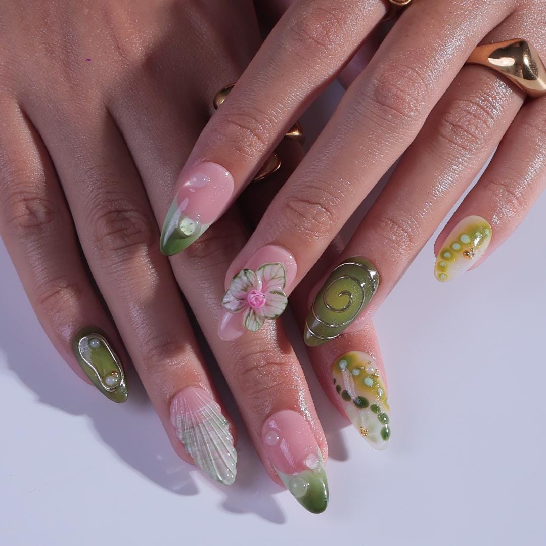 Summer Press on Nail with Green Orchid & Silver Chrome Art | 3D Fake Nail in Medium Almond | Handmade Nail for Holiday, Vacation, Birthday