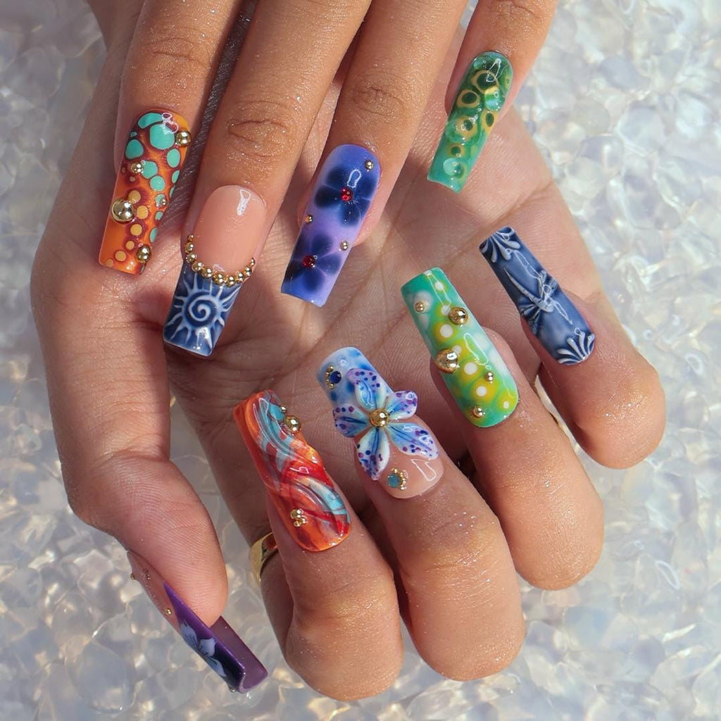 Summer Press on Nails with Abstract Print in Long Square, 3D Midnight Blue Fake Nail Art, Handmade Press-0ns for Holiday, Vacation, Birthday