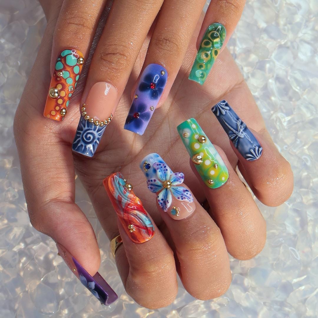 Summer Press on Nails with Abstract Print in Long Square, 3D Midnight Blue Fake Nail Art, Handmade Press-0ns for Holiday, Vacation, Birthday